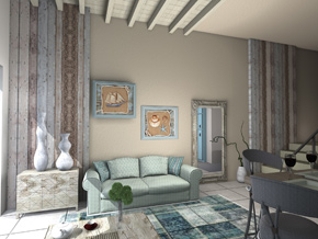 Εξοχικό παραθαλλάσιο σπίτι. Βασικό χρώμα το γαλάζιο, υλικό το ξύλο, ξύλινη οροφή, ριγέ ταπετσαρία